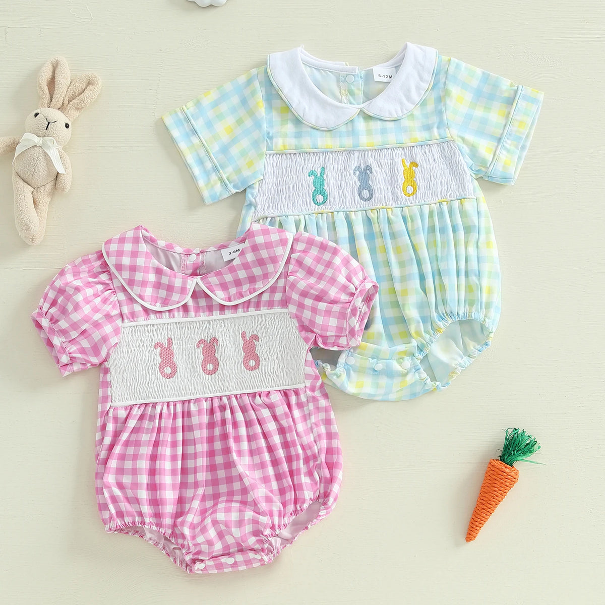 Hoppin' Good Time Plaid Peter Pan Collared Bubble With Bunny Smocking - The Palm Beach Baby Estimated 14 - 20 Day Shipping