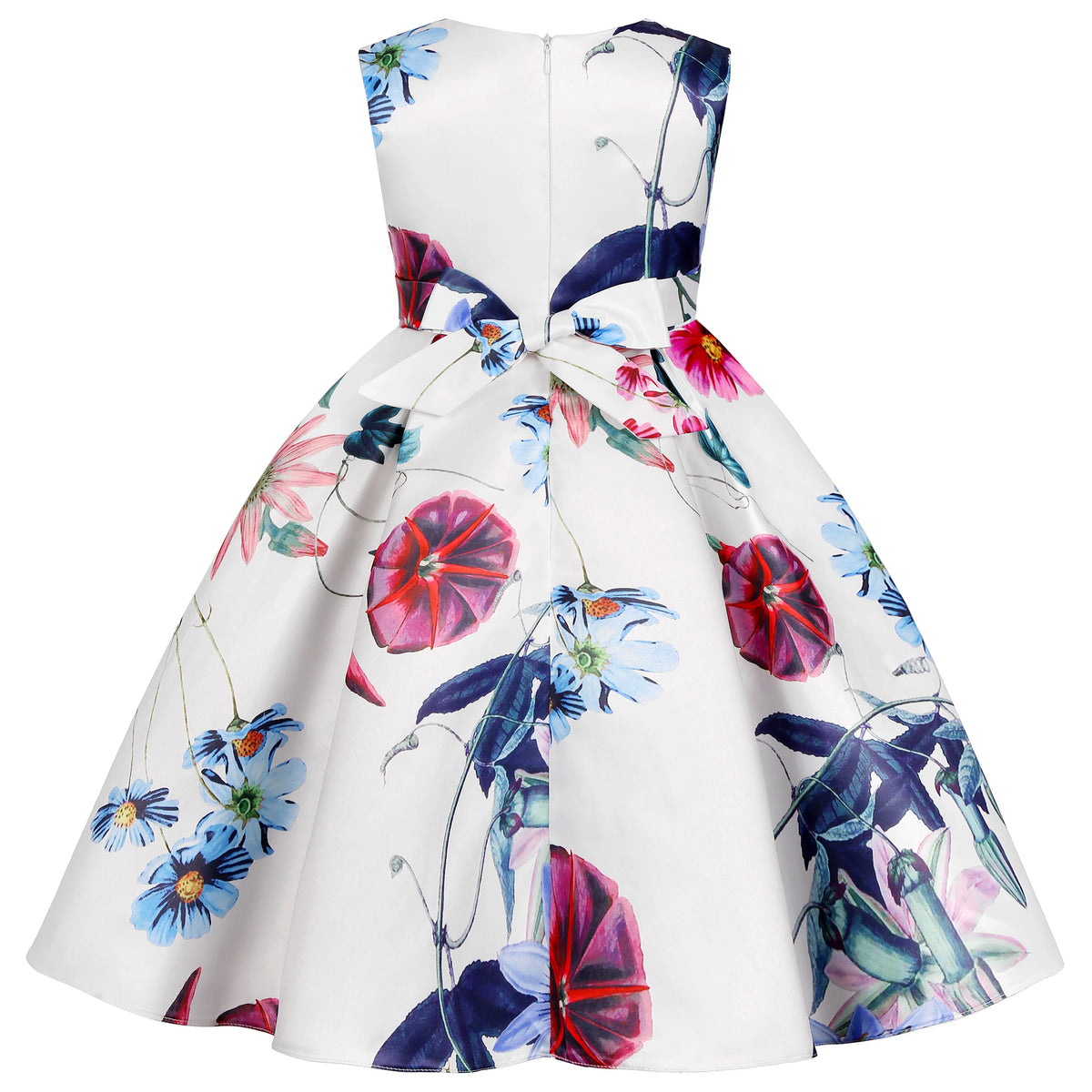 Little girls tropical garden party dress in white with vibrant floral print, bow at waist, sleeveless, mid-calf flare.