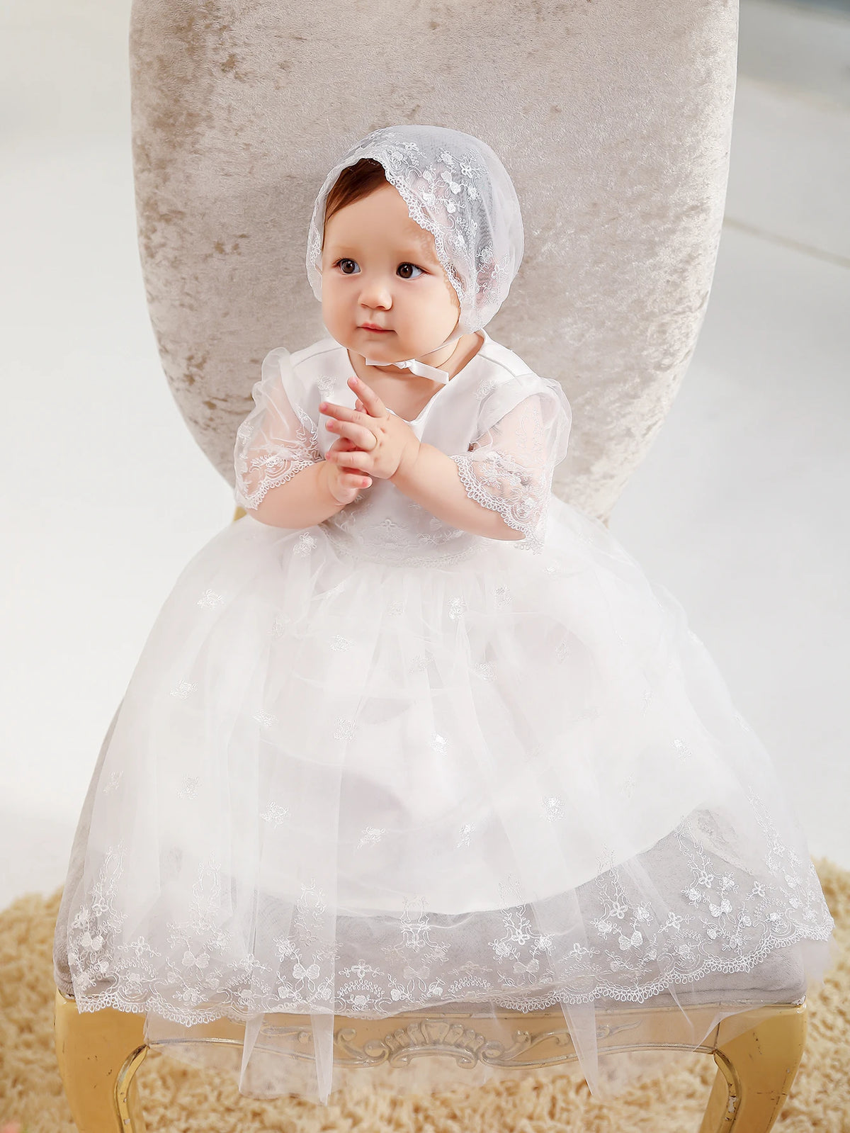 Aimee Baptism Special Occasion Dress with Lace Bonnet - The Palm Beach Baby Estimated 13 - 21 Day Shipping