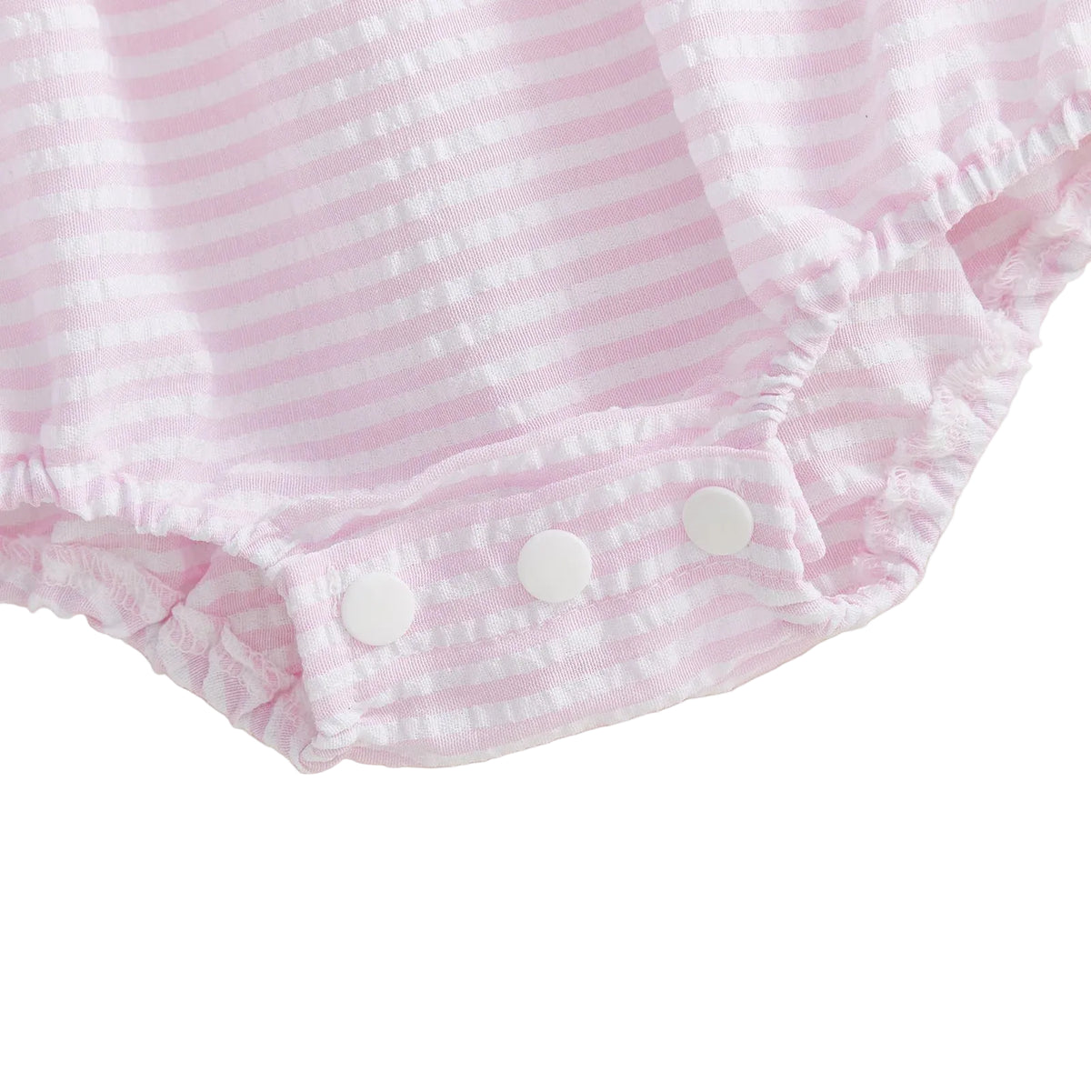 Pink and white striped baby bubble romper with white snap buttons along leg openings.