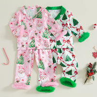 Girls Christmas pajama set with Santa and tree prints featuring pink fuzzy cuffs and green ribbon accents.