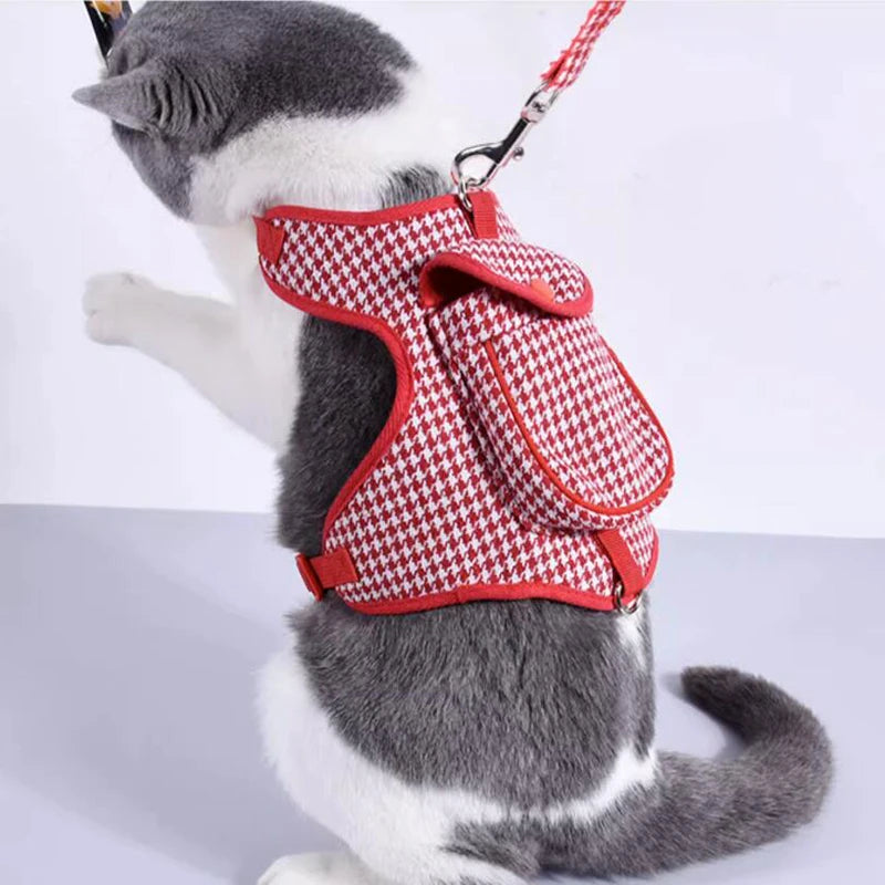 Pet Houndstooth Harness With Snack Pocket + Leash Set