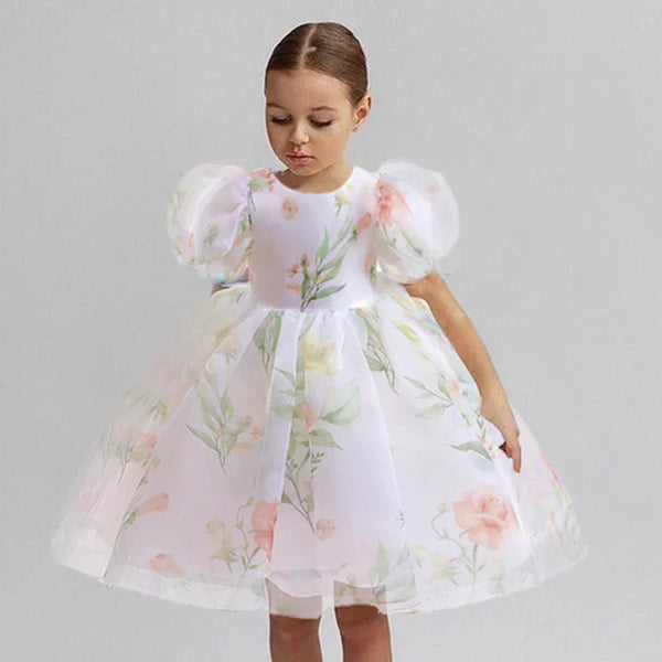 Celeste Elegant Dress for Girls - Puff Sleeves, Ruched Skirt, Wrinkle-Resistant Fabric - The Palm Beach Baby