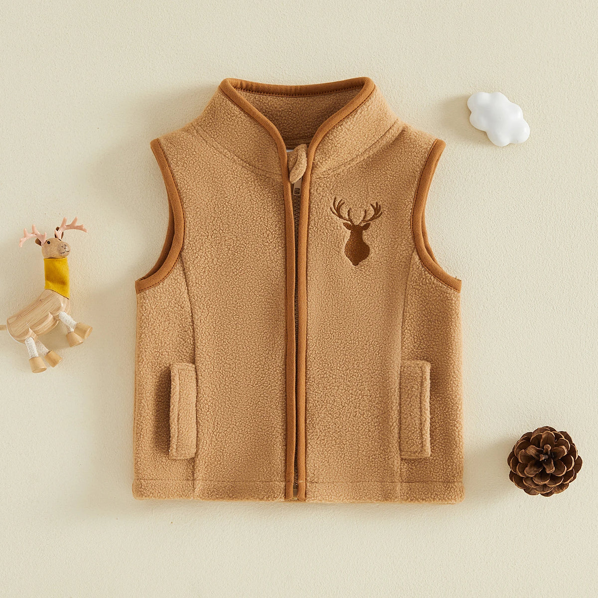 Trevor Khaki Lightweight Zippered Deer Embroidered Boys Vest - Soft and Comfy