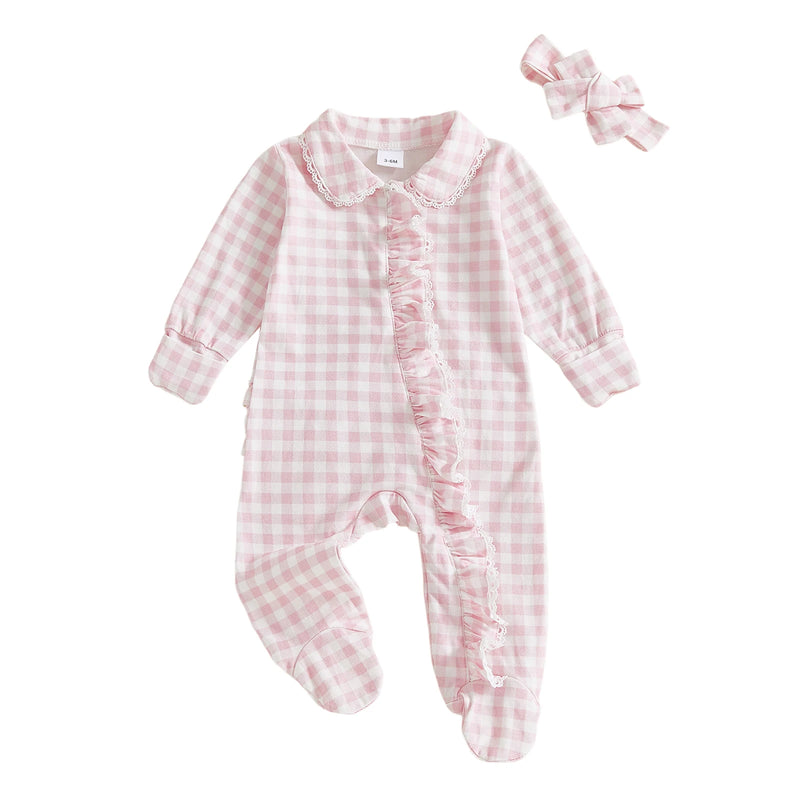 Checks and Frills Footie Set in Poinciana pink, featuring a Peter Pan collar, frills, and a matching headbow, perfect for newborns to 6 months.