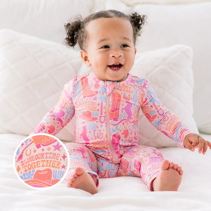 The Second-Skin Footless Romper | Saddle Up Western Themed with a cute print designed for comfort and style. Perfect bamboo baby romper for cozy moments.