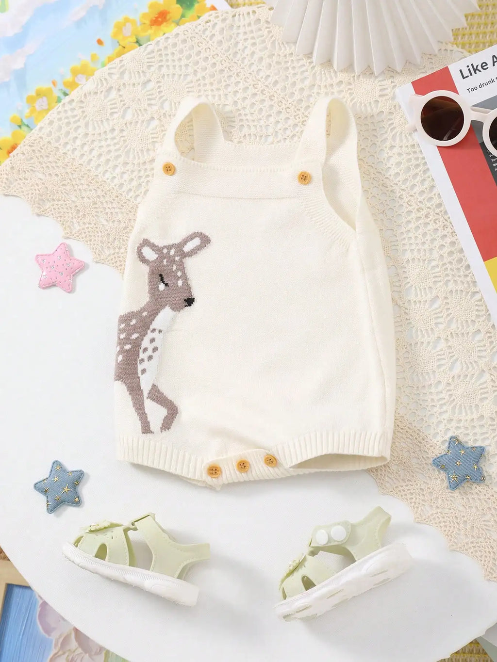 Little Deer Knitted Bubble in coastal cream color featuring a cute knitted deer design, perfect for little girls.