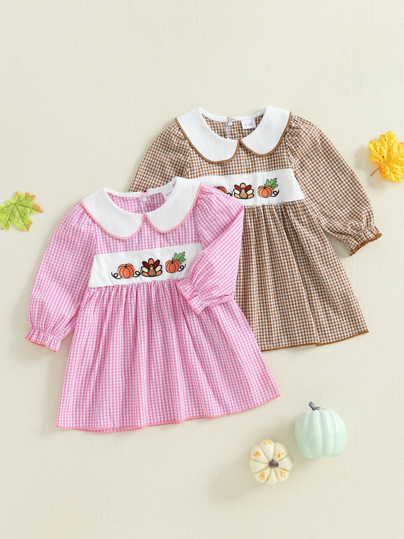 "Pumpkins and Turkey" Embroidered  Plaid Dress for Little Girls - 2 Colors
