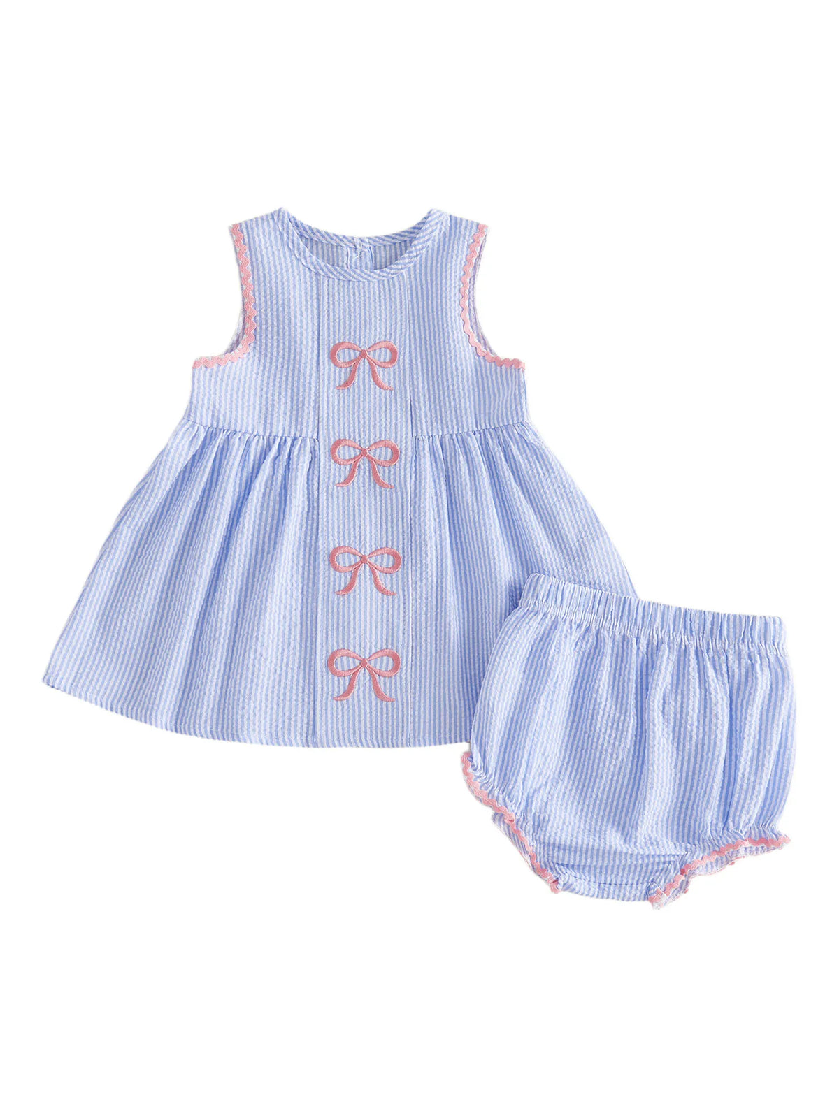 Little Bows Seersucker Embroidered Dress and Bloomer Set with pink bow embroidery and matching bloomers for girls.