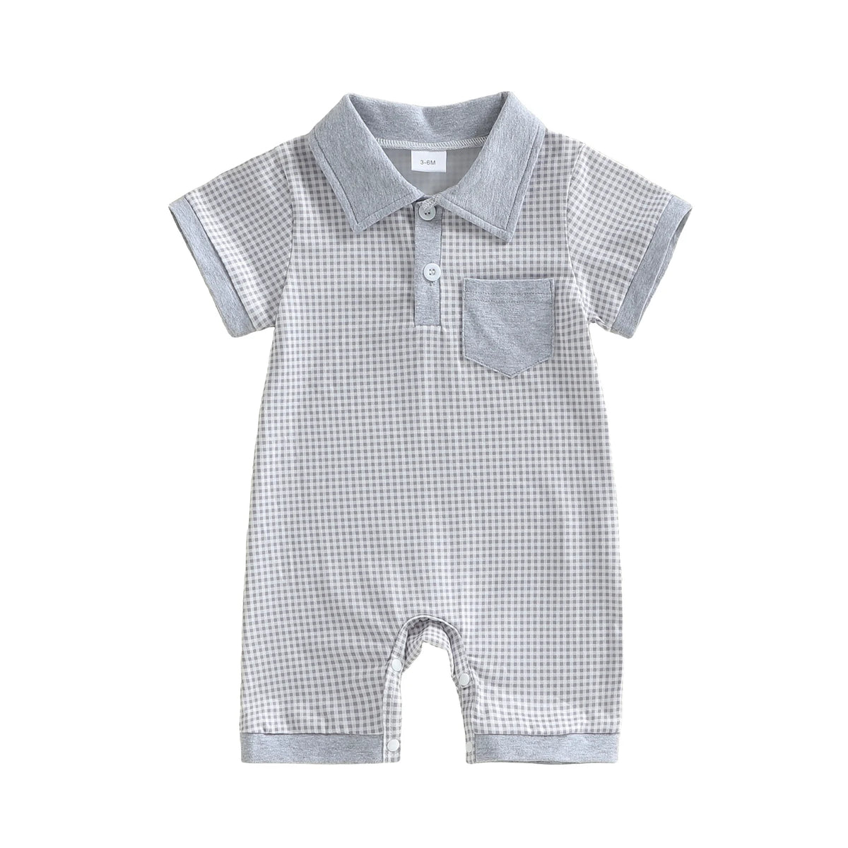 Colton Polo Boys Plaid Knit Romper in grey/white with pocket, turn-down collar, and leg snaps.