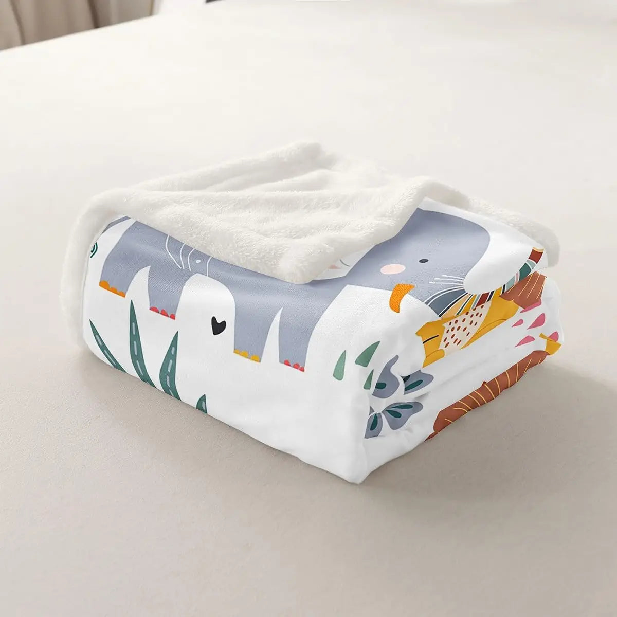 Jungle Rumble double-sided children's blanket, Spring/Fall, 100% polyester coral fleece with 3D jungle print.