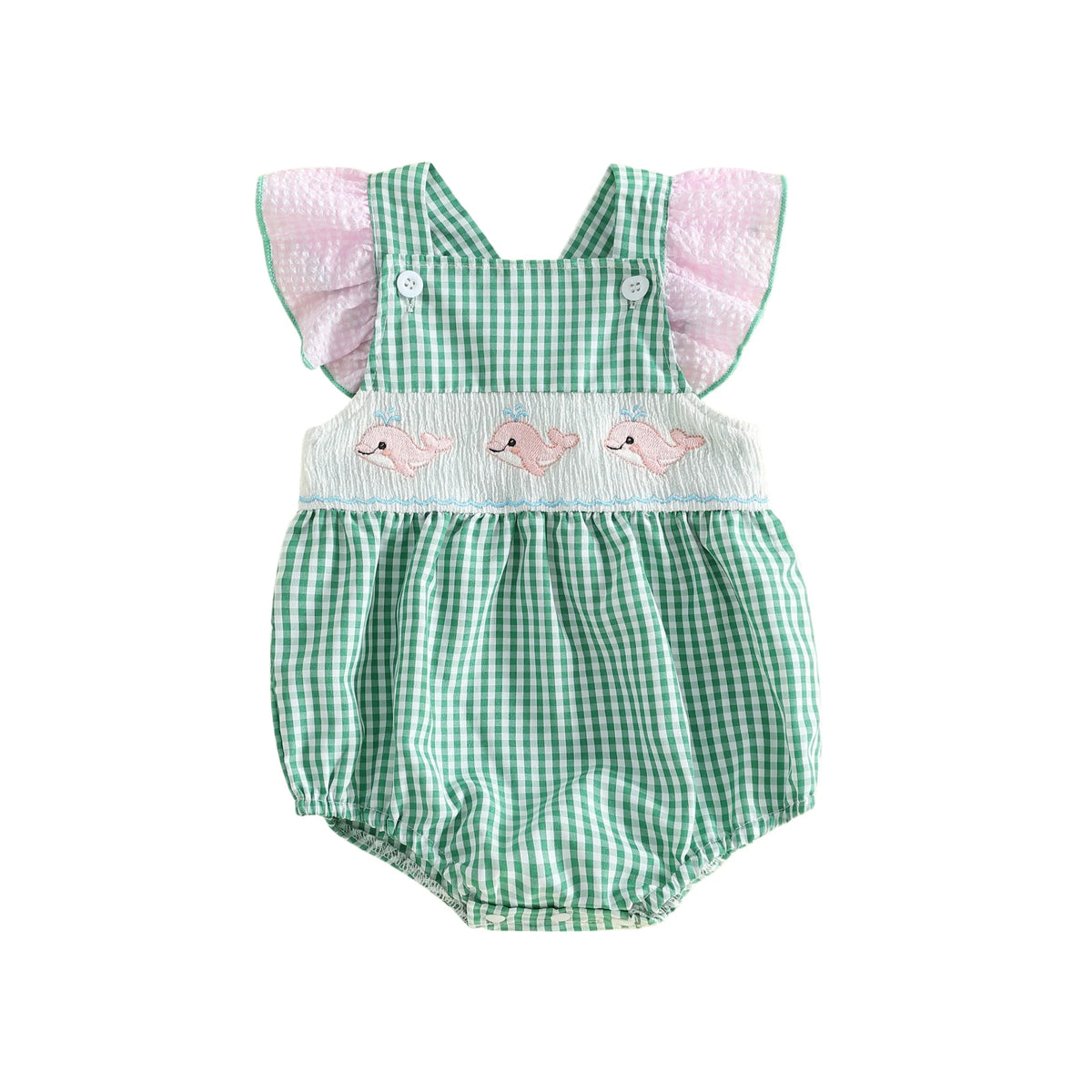 Take Me Out To The Seashore Romper for baby to toddler, green gingham, pink flutter sleeves, smocked whale embroidery