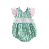 Take Me Out To The Seashore Romper for baby to toddler, green gingham, pink flutter sleeves, smocked whale embroidery