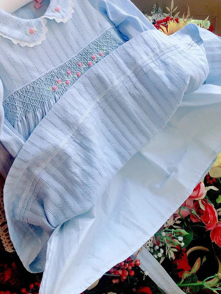 Embroidered Smocked Dress in Blue with Lace Accents and Peter Pan Collar - The Palm Beach Baby