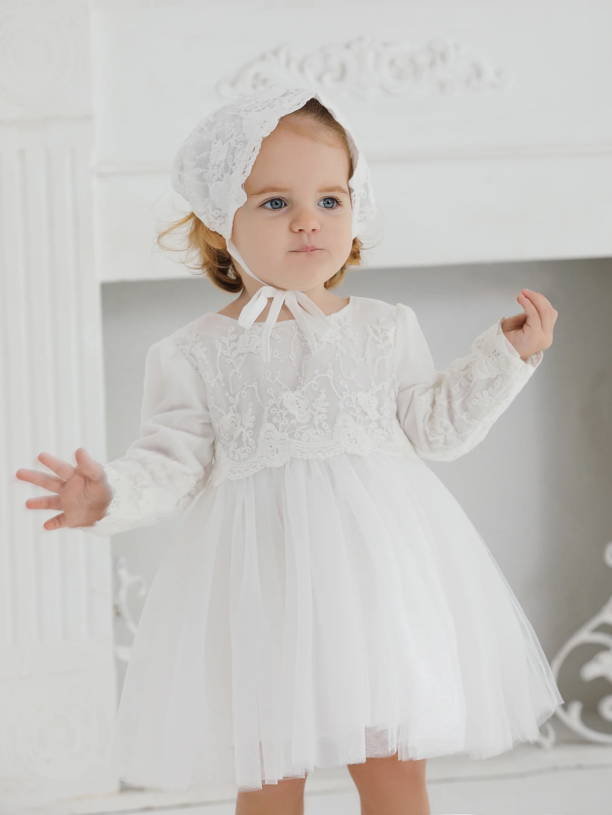 Emily White Lace Special Occasion Dress & Bonnet - The Palm Beach Baby Estimated 12 - 19 Day Shipping