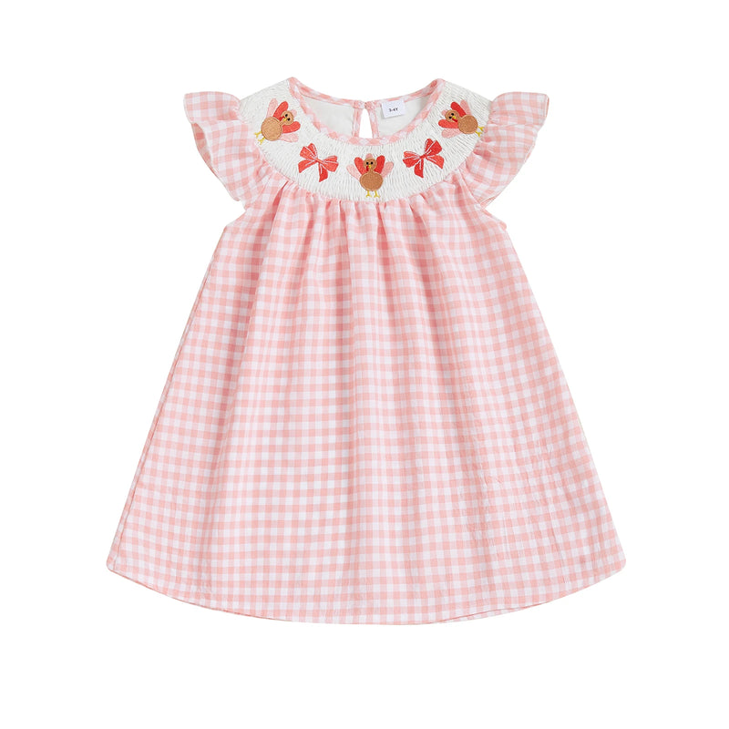"Thanksgiving Seersucker" Embroidered A-line Dress - Pink