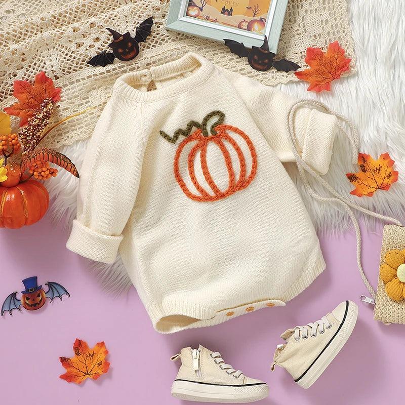 "Pumpkin Baby!" Adorable Knitted Baby Romper - Long-Sleeved - The Palm Beach Baby