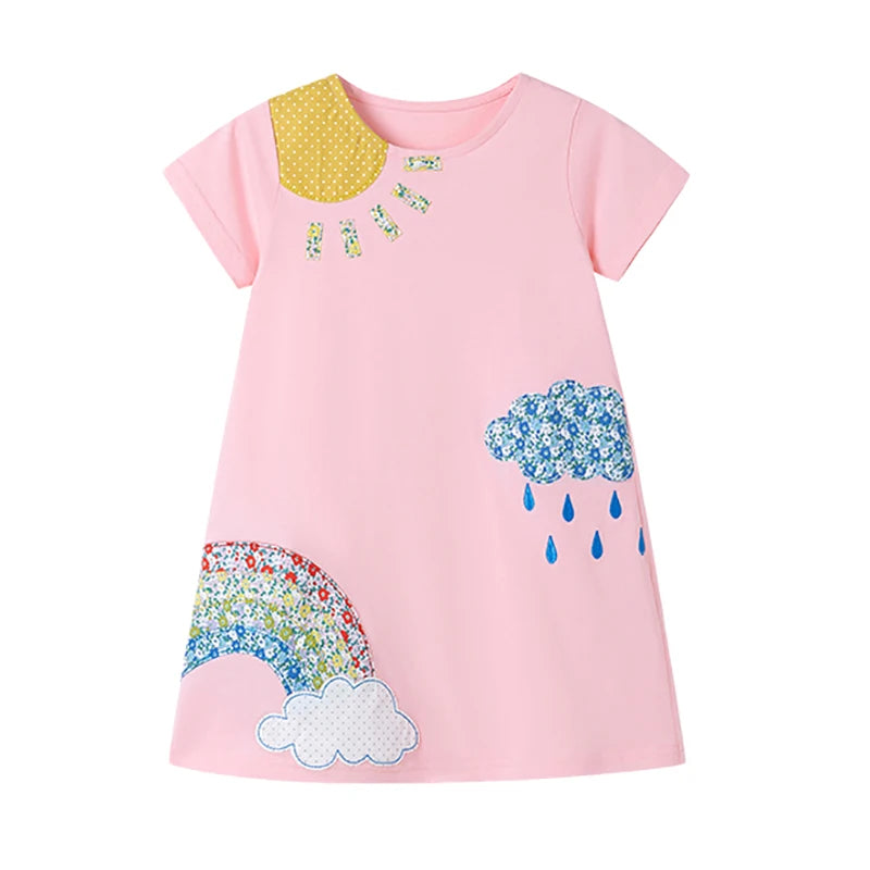 Little Rainbow Girls Casual Dress featuring a charming A-line design in princess pink with weather appliques including a sun, clouds, and a rainbow.