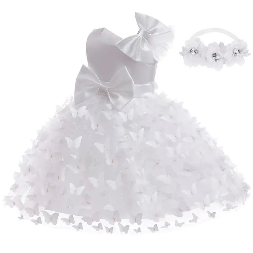 Butterfly Wishes ball gown with fitted bodice, zippered back, butterfly appliques on skirt, and matching headband.