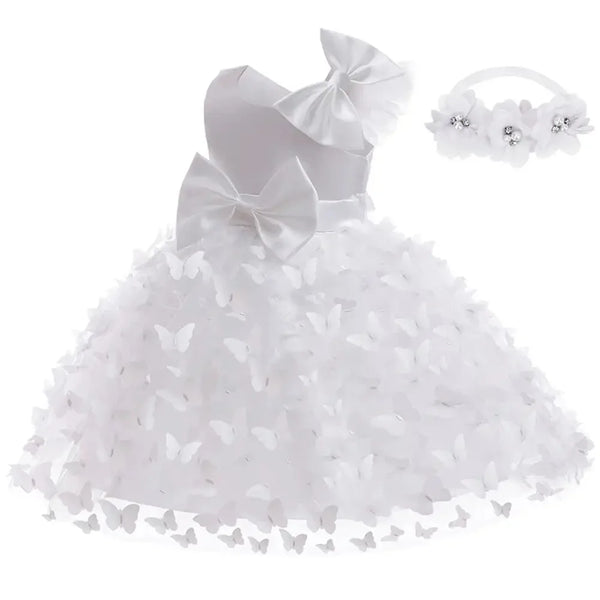 Butterfly Wishes ball gown with fitted bodice, zippered back, butterfly appliques on skirt, and matching headband.