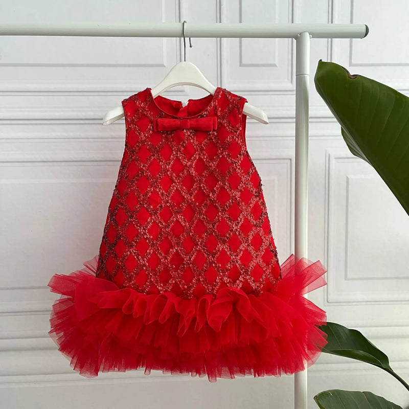 Isabella Elegant Sequined Dress for Little Girls in vibrant red, featuring sparkling sequins and a fluffy tulle hem.