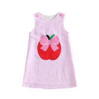 Pink seersucker sleeveless dress with red apple applique and pink bow embroidery, knee-length for girls.