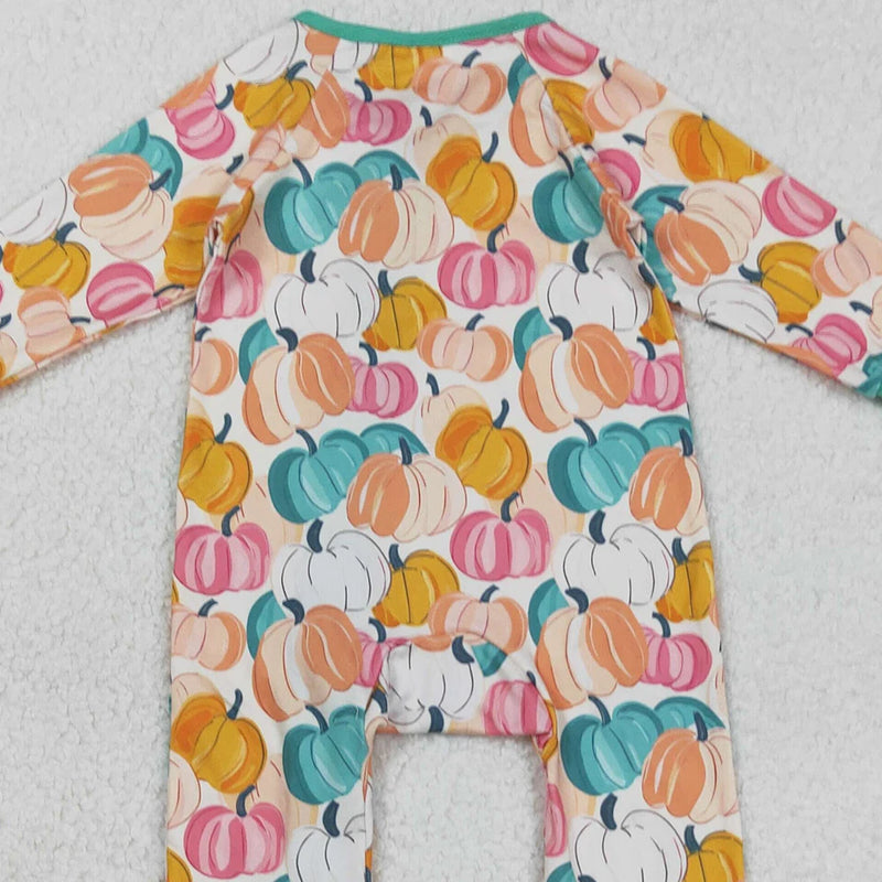 Close-up of the back design of the 'Pumpkin Harvest' Long Sleeved Pumpkin Print Romper featuring a cheerful array of pumpkins.