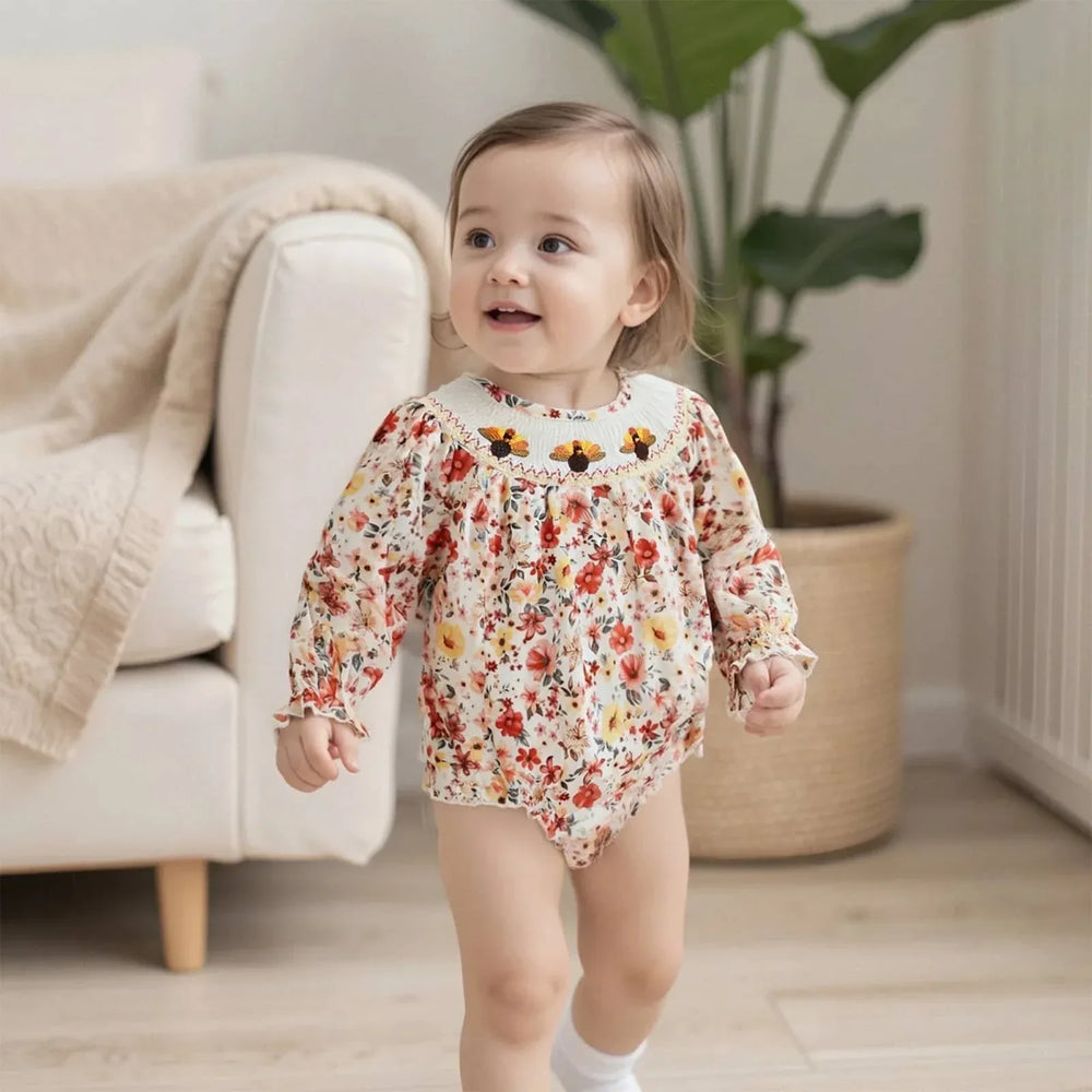 Three Little Turkeys Smocked Baby Bubble Suit for Girls, 0-18 Months, Adorable Turkey Embroidery - The Palm Beach Baby