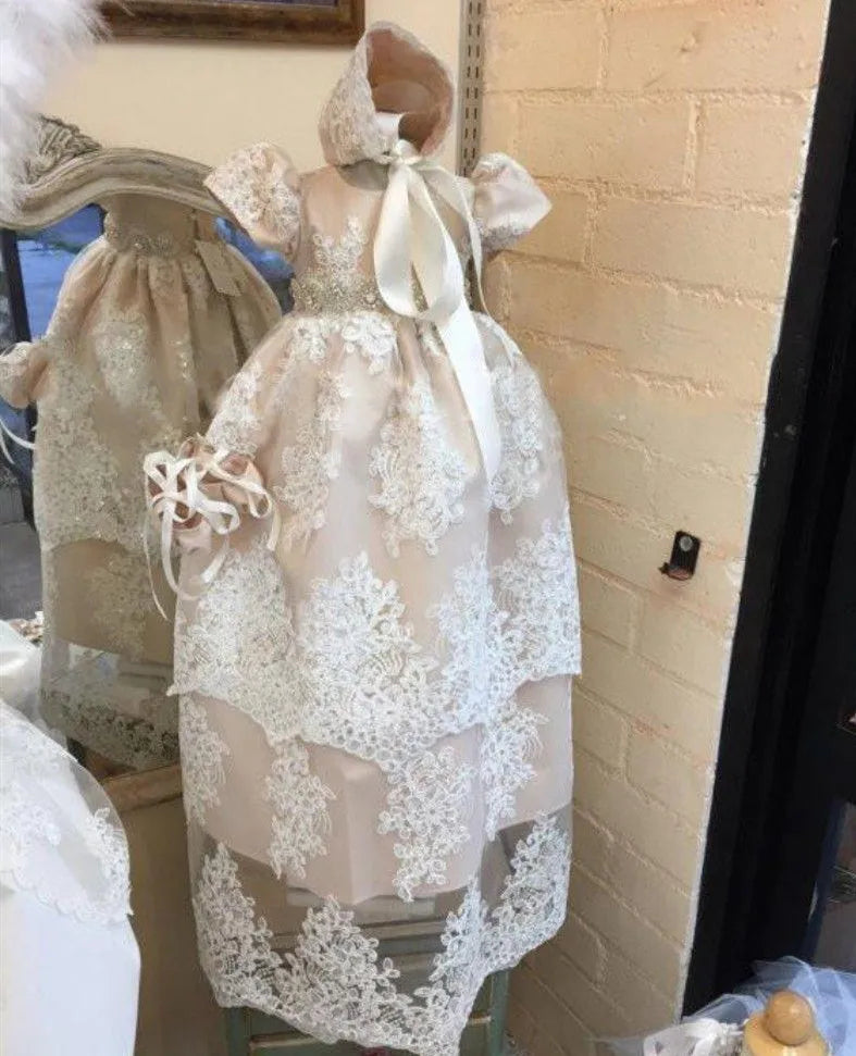 "Pricilla" Heirloom Lace Baptism Gown And Bonnet