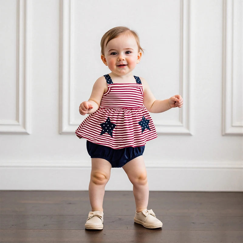 Adorable baby girl wearing the "Stars and Stripes" 2 PC Dress and Bloomer Set, featuring a striped dress with star accents, standing on a wooden floor, showcasing her patriotic style.