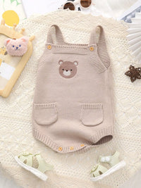 Beary Cute Embroidered Khaki Knitted Romper Overalls with bear face, button straps, front pockets.