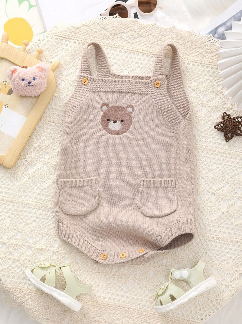 Beary Cute Embroidered Khaki Knitted Romper Overalls with bear face, button straps, front pockets.