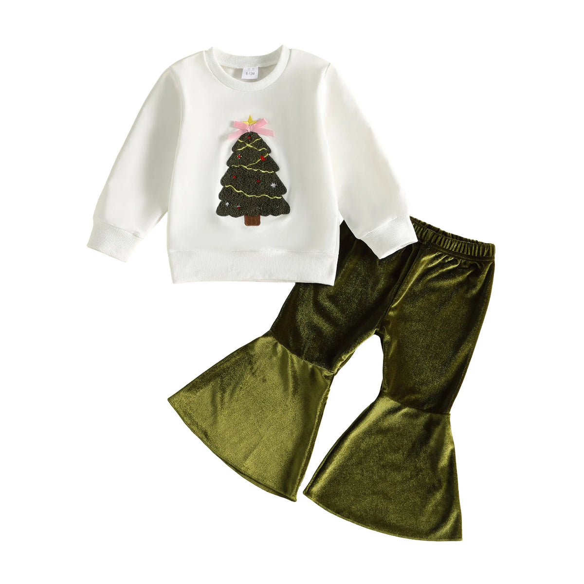 White toddler Christmas pullover with tree applique paired with olive green velvet bell bottom pants for a cozy holiday outfit.