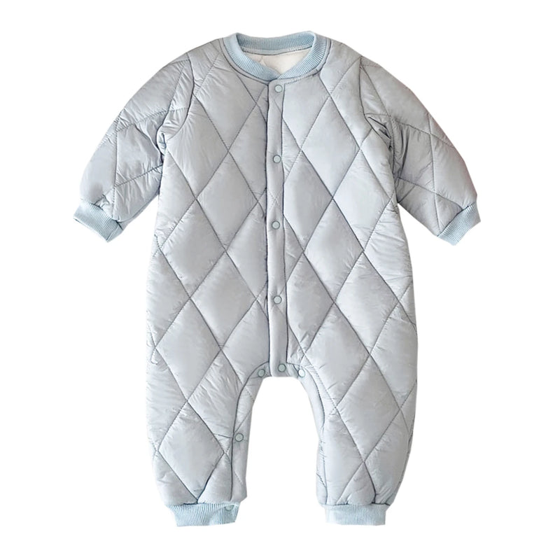 Stylish front view of a baby quilted romper in soft blue, designed to keep babies snug and trendy.