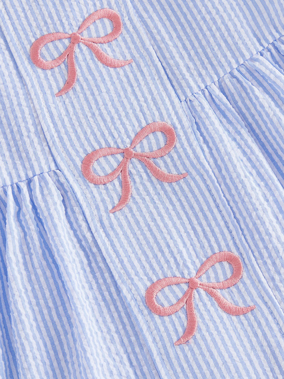 Little Bows seersucker dress and bloomer set with pink embroidered Palm Beach bows on blue-and-white stripes