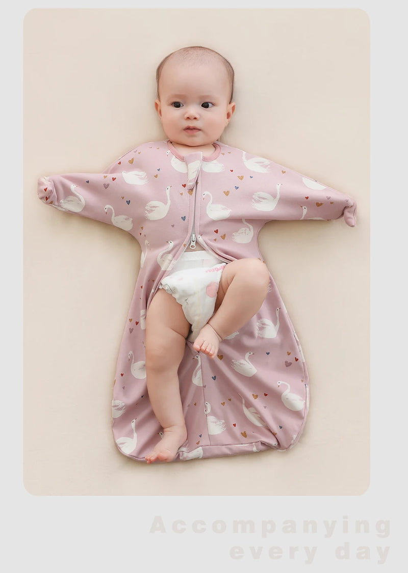 Sleepytime Anti-Kick Infant Sleep Sacks with swan and heart prints, crafted for comfort and warmth for infants.