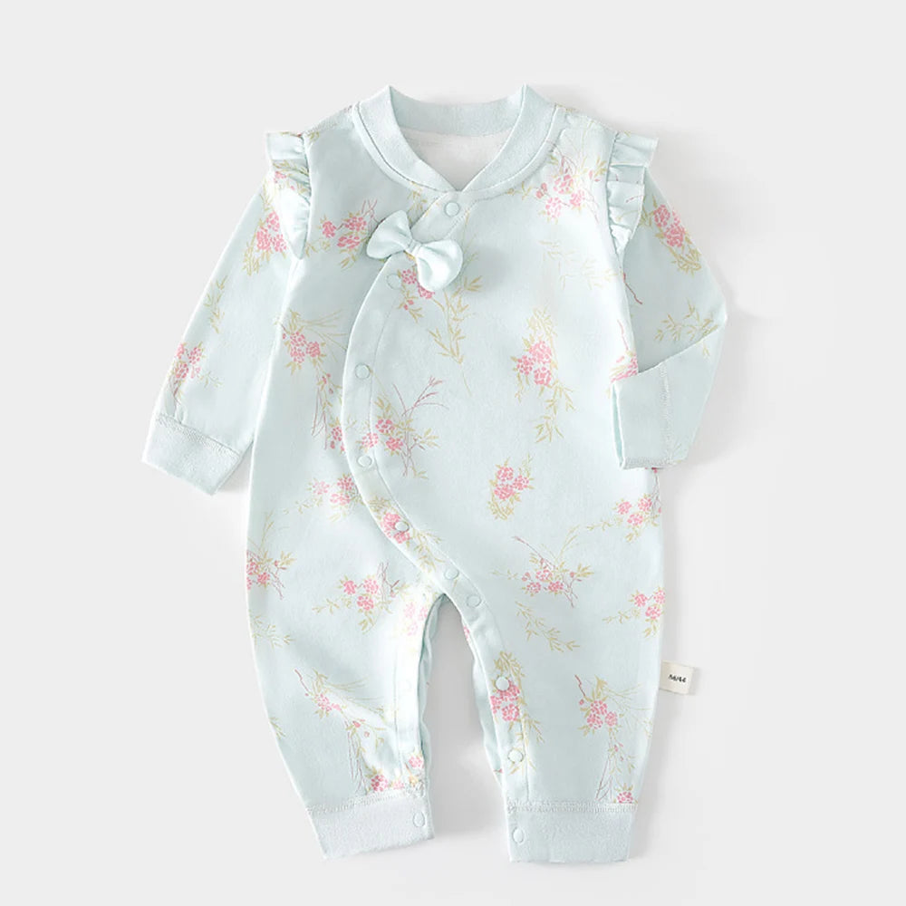 Frills and Fleurs Baby Rompers in light blue with floral pattern, made from 100% cotton, perfect for cozy comfort for little ones.