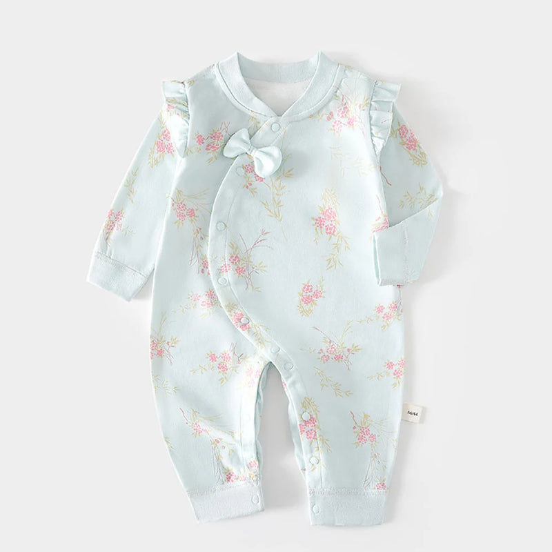 Frills and Fleurs Baby Rompers in light blue with floral pattern, made from 100% cotton, perfect for cozy comfort for little ones.