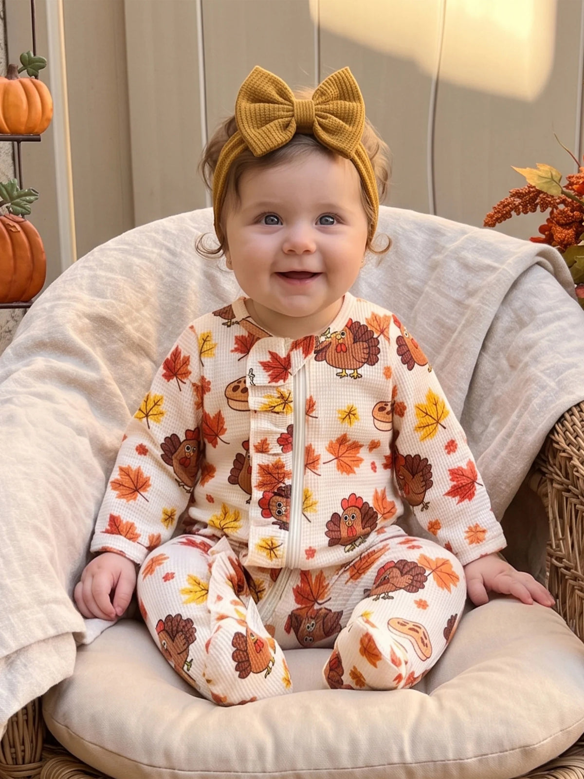 Baby wearing turkey and leaf print footie romper with zipper front and mustard knit headbow for autumn.