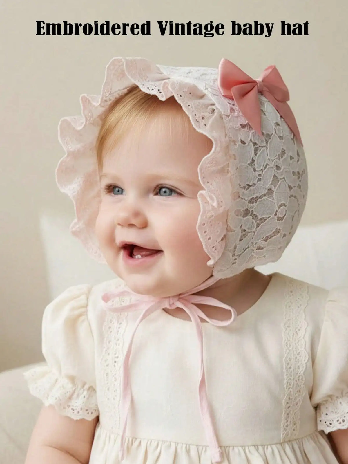 Penelope Ruffled Lace Embroidered Flower Baby Bonnet - 2 Color Options