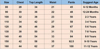 Daria Tulle and Faux Pearls Party Dress size chart with chest, top length, waist, pants, and suggested ages.