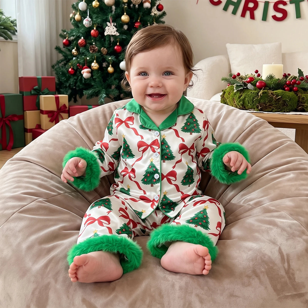 Baby wearing Christmas tree and red bow print pajama set with green puffy cuffs, sitting on beanbag near decorated tree.