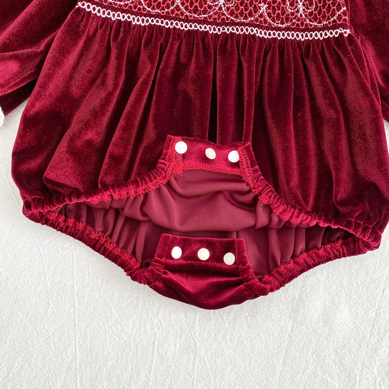 Deck the Halls Smocked Velvet and Frills Sibling Outfits - Deep Red; a detailed view of the bottom of a romper, showcasing convenient snap buttons for easy diaper changes.