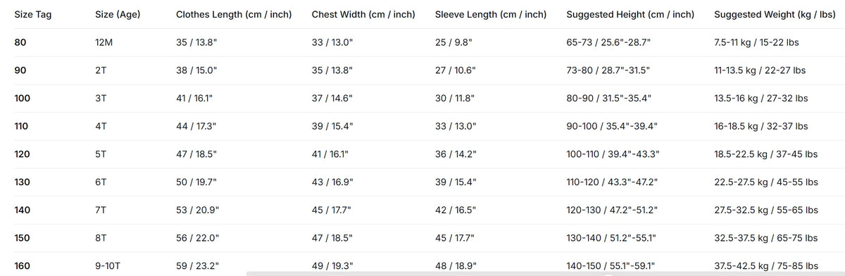 Children's fleece pullover size chart showing measurements for ages 12M to 10Y with horse zipper detail