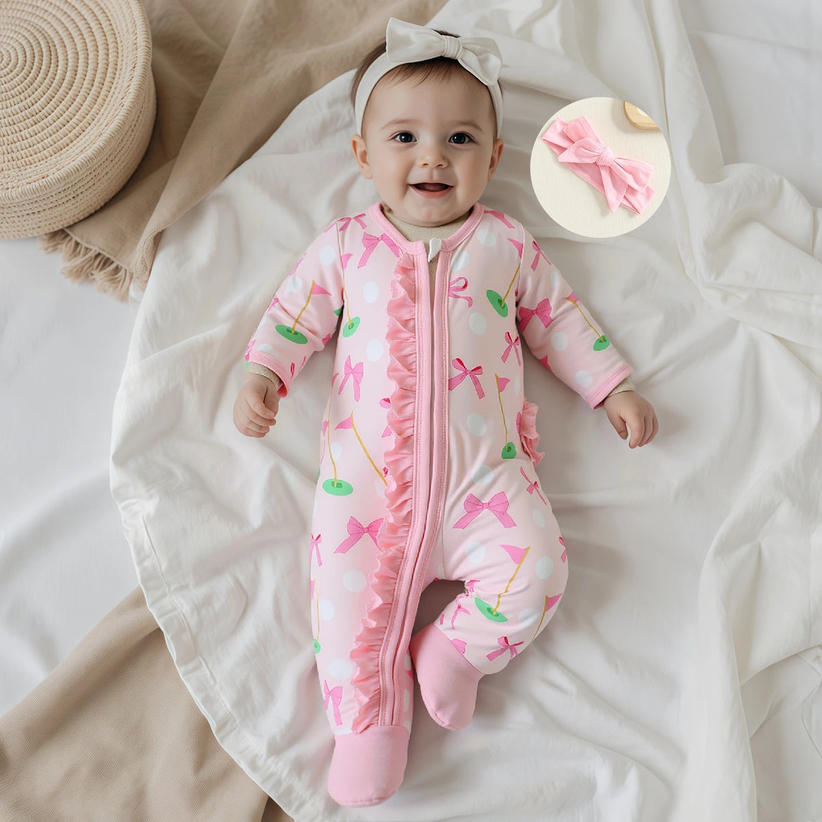 Frills & Bows Baby Girls Fall Footies - Long Sleeve Romper Set
