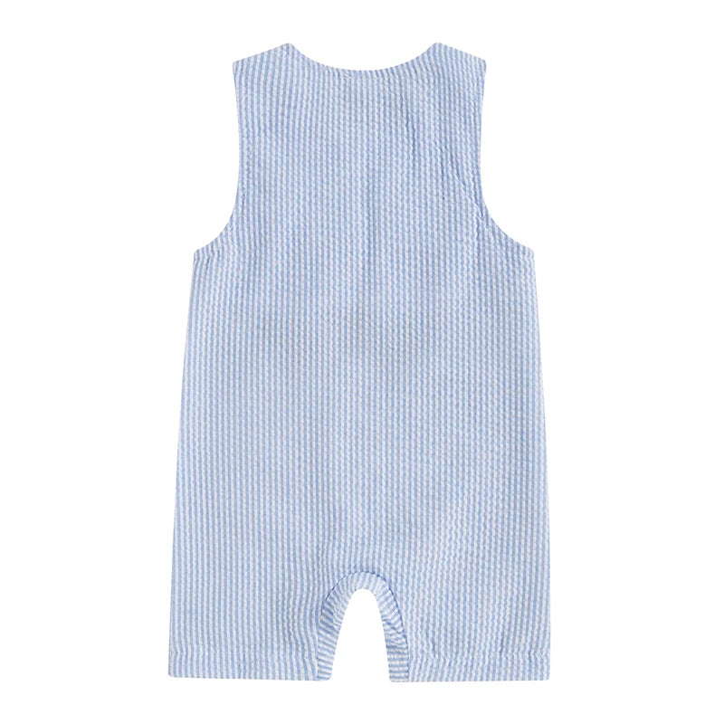 Back view of Hitting the Links, Baby! Boys Golf Cart Romper - Blue Stripe Seersucker, highlighting soft and breathable fabric.