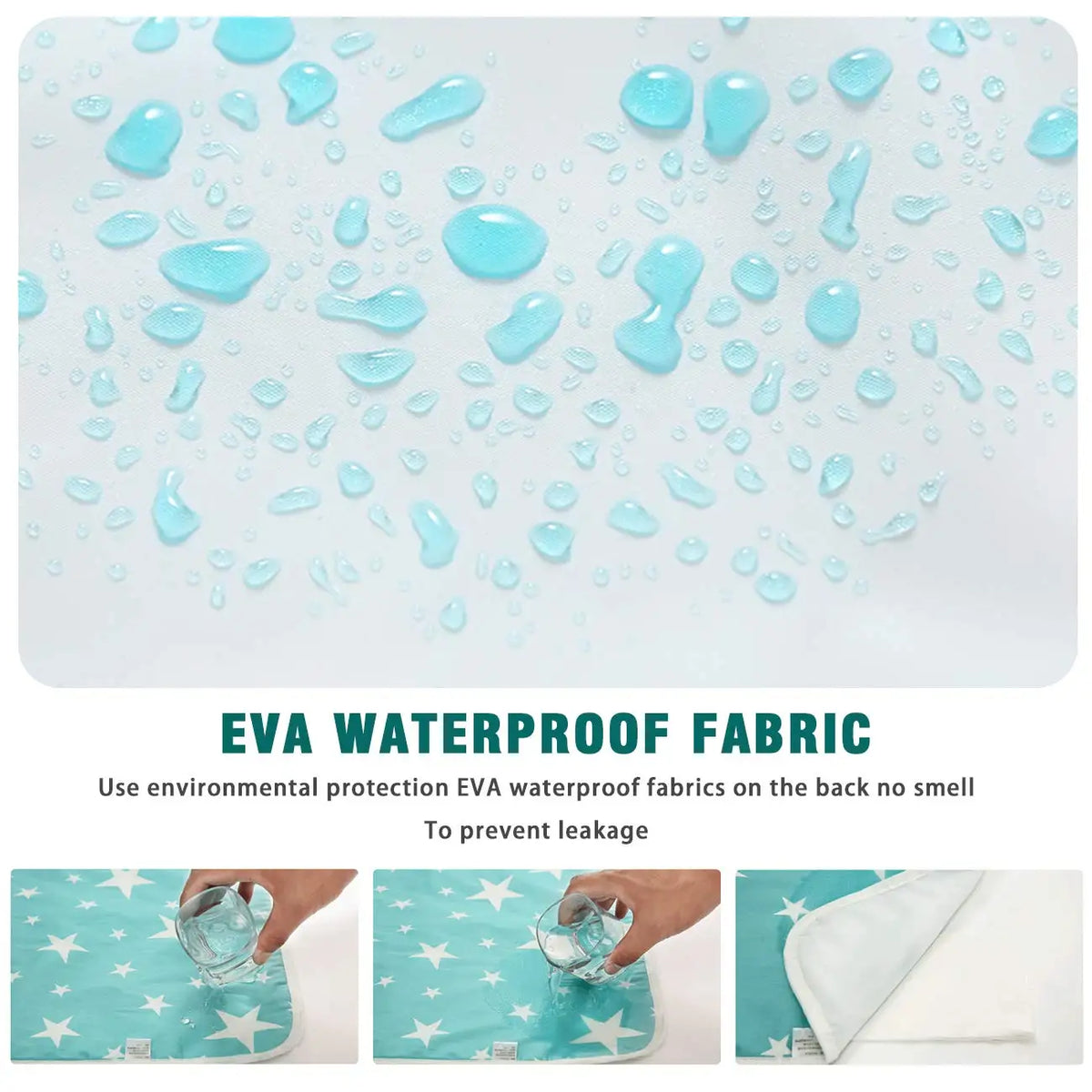Childrens waterproof changing pad cover in cute aqua star prints; EVA waterproof fabric for baby mattress protection.
