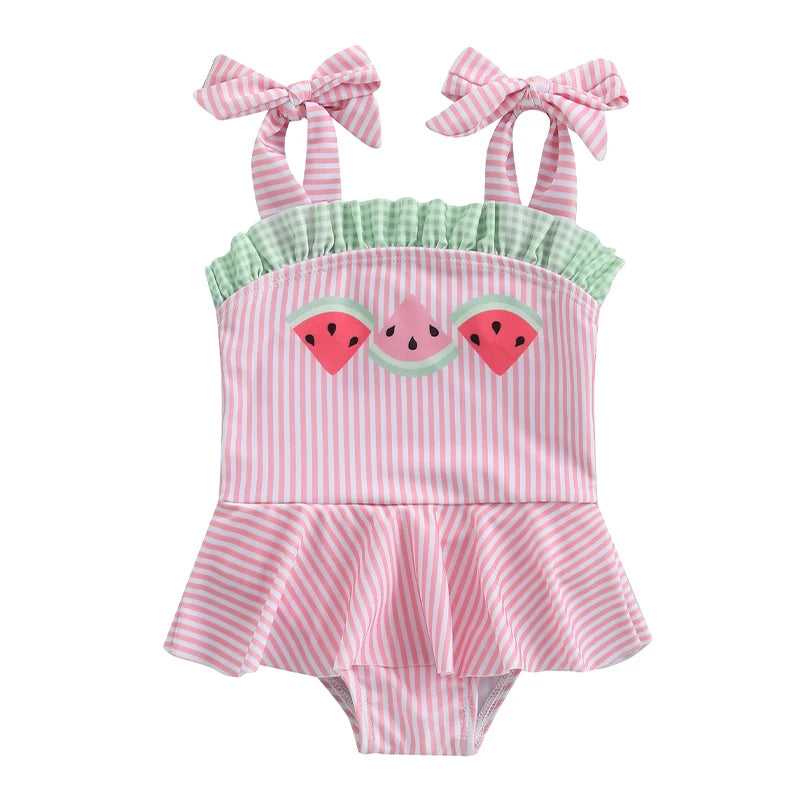 Watermelon Baby Cute One Piece Swimsuit featuring pink and white stripes, a ruffled skirt, and playful watermelon appliques, perfect for babies and toddlers.