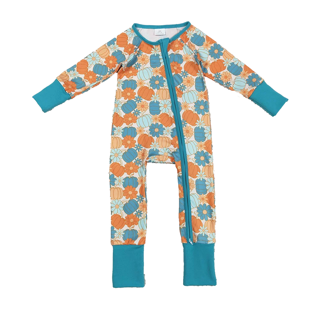 Pumpkins & Flowers Colorful Zippered Romper - Teal displayed front view, featuring a vibrant pumpkin floral pattern in teal and orange.