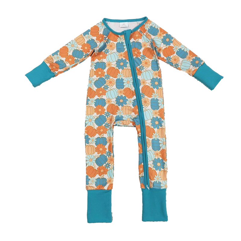 Pumpkins & Flowers Colorful Zippered Romper - Teal displayed front view, featuring a vibrant pumpkin floral pattern in teal and orange.